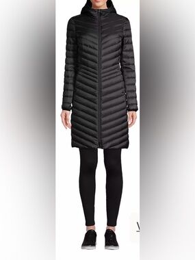 Lands' End Down Filled Black Long Quilted Packable Puffer Coat with Hood